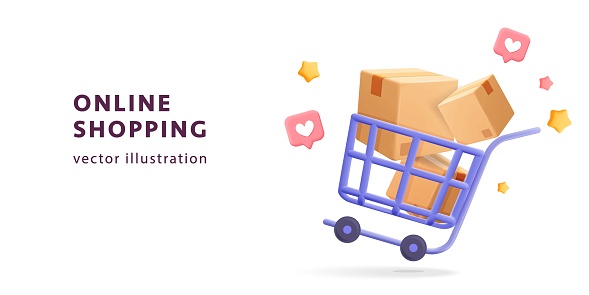 Shopping cart with boxes and stars and like social media icons template web banner. Realistic render 3d vector illustration. Online shopping, digital marketing, delivery, online store concept.