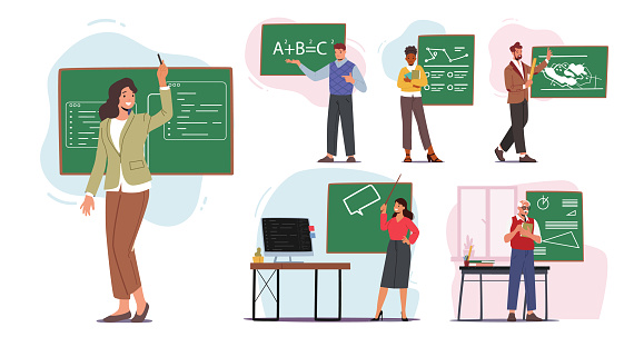 Set of Teachers Stand at Blackboard. Tutors Teach Different Subjects Isolated on White Background. Male and Female Characters Explain Lesson to Students. Cartoon People Vector Illustration