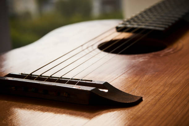 istock Old guitar with strings, close-up. Acoustic guitar music instrument 1425055649