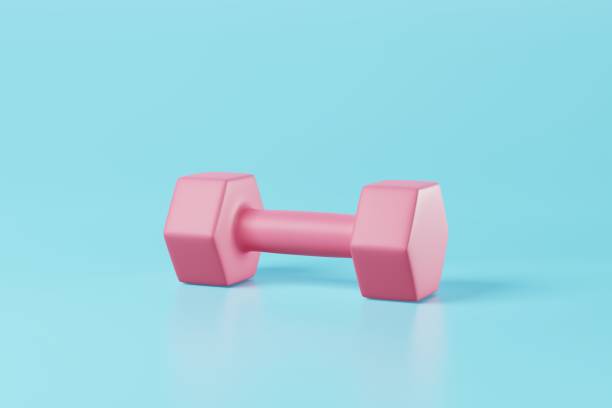 istock Minimal pink dumbbell on blue background. Weight training activity, bodybuilding exercise, daily gym and fitness, dieting for health, sport heavy for muscular building equipment concept. 3d rendering 1425056343
