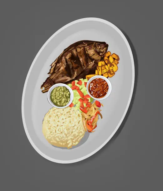 Vector illustration of African food illustration, l’attiéké au poisson, Central and West African Food, Alloco