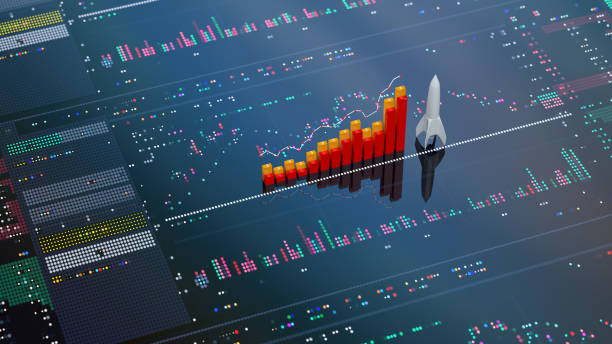 istock Business concept chart graph and diagram with rocket on blue background. To the moon concept 1425061326