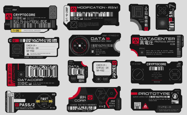 Cyberpunk decals set. Set of vector stickers and labels in futuristic style. Cyberpunk decals set. Set of vector stickers and labels in futuristic style. Inscriptions and symbols, Japanese hieroglyphs for danger, attention, AI controlled, high voltage, warning. robot symbols stock illustrations