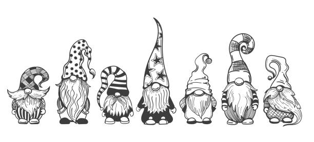 zestaw szkiców gnome - gnome troll wizard dwarf stock illustrations