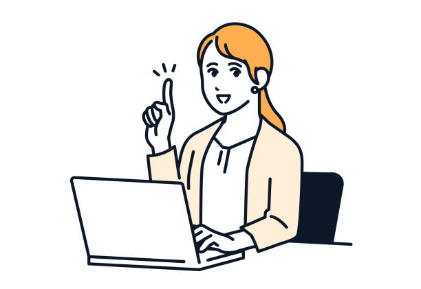 ilustrações de stock, clip art, desenhos animados e ícones de vector illustration material of a woman in a suit explaining points while operating a laptop - speech recruitment technology young adult