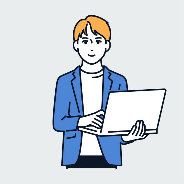 ilustracja wektorowa przedstawiająca mężczyznę w swobodnym garniturze z laptopem - young adult white background business person entrepreneur stock illustrations