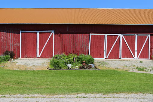 a farmyard wooden farm buildings retro vintage red old barn rural farming painted storage yard ranch