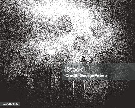 istock Spooky cemetery at night with skull and ravens 1425071137