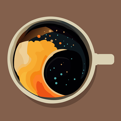 Colorful cup of coffee top view on brown background. Vecter illustration eps10.