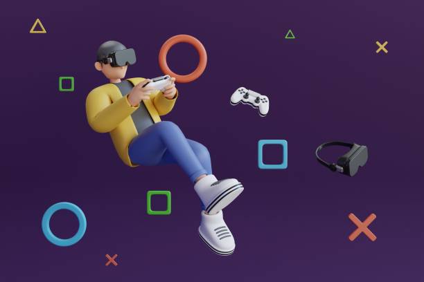 3D Virtual reality Man Gamer hands holding gaming console controller. 3D Virtual reality Man Gamer hands holding gaming console controller. man wearing virtual reality glasses and floating in the air playing a video game. video game, virtual world, Metaverse, Into the future. 3D render manda stock pictures, royalty-free photos & images