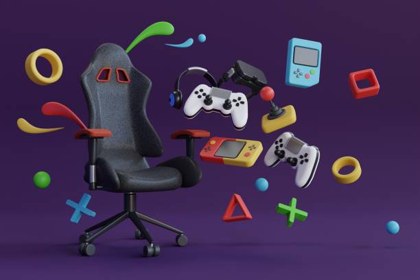 ゲーミングチェア3dモデルレンダリング。eスポーツゲームパッド。ゲーム機器にぶら下がっているゲーミングチェアコンソール。3dレンダリング - armchair chair leather black ストックフォトと画像