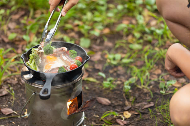 istock Cooking camp food on a cast iron skillet over camp fire 1425079886