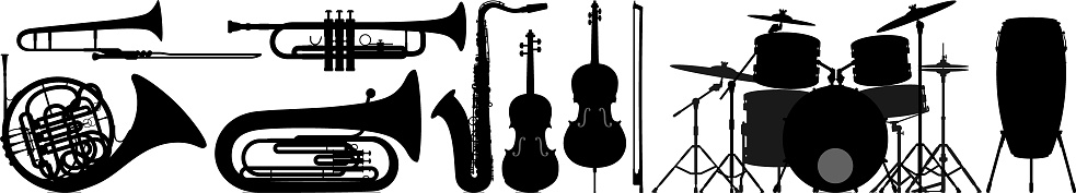 Musical instruments silhouettes. Trombone, trumpet, french horn, tuba, saxophone, violin/viola, bow, double bass, drum kit and conga.