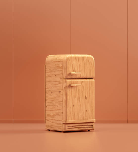 istock Wooden vintage refrigerator in single color kitchen, 3d Rendering 1425084431