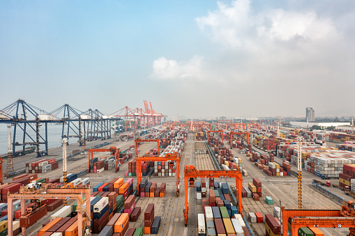 Aerial photography of commercial container terminal in haze weather