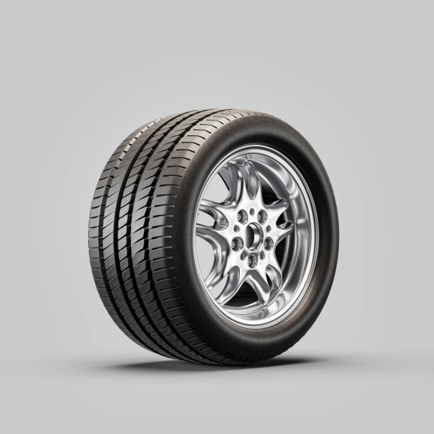 istock Car wheel on white background. Isolated car tire with shiny rim. Side view, 3d rendering 1425084685