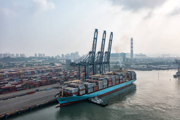 istock Large cargo ships are loading and unloading containers at the port in foggy weather 1425084688