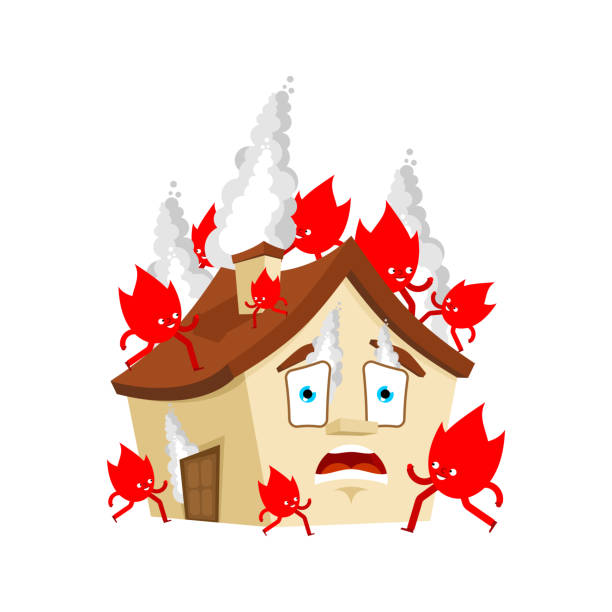 House on fire cartoon style. Fire run through the house vector art illustration