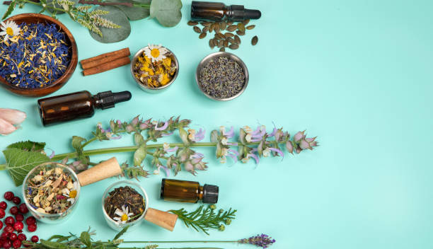 istock Alternative herbal medicine on green background. 1425087240