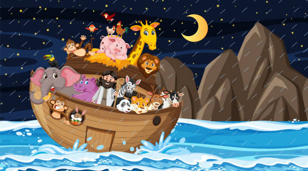 illustrazioni stock, clip art, cartoni animati e icone di tendenza di scena dell'oceano con l'arca di noè con animali - ark cartoon noah animal