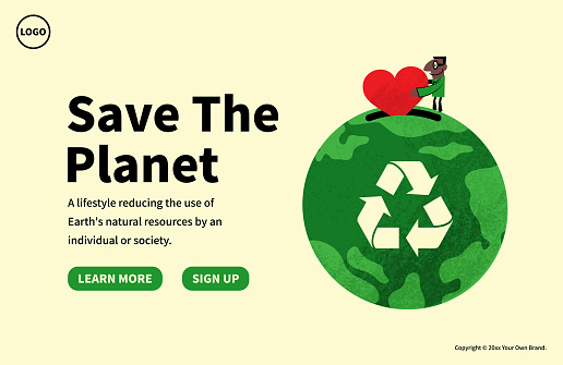 Characters Design Vector Art Illustration.
Slide or landing page layout.
In the concept of Save The Planet, sustainability, and environmental protection, a man gives love to the planet earth.