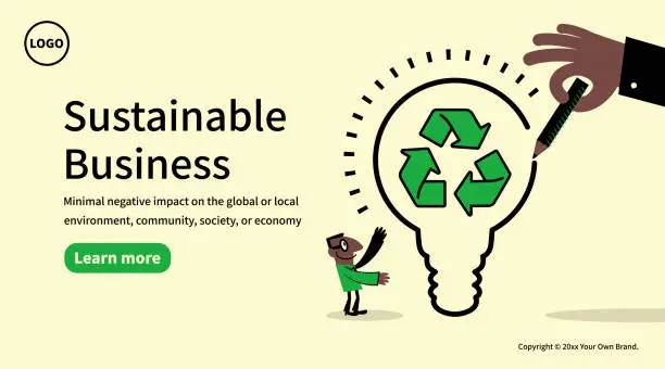 Vector illustration of In the concept of sustainable business and environmental protection, a big hand draws an idea light bulb with a recycling symbol to a businessman