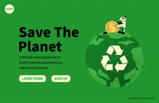 Vector illustration of In the concept of sustainable business, growing clean Eco Earth fund, and environmental protection, a businessman puts money into the planet earth with a recycling symbol.
