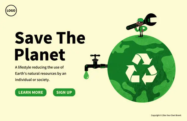 Vector illustration of In the concept of Save The Planet, sustainability, and environmental protection, a plumber carrying a wrench and wearing a work helmet fixes the planet earth