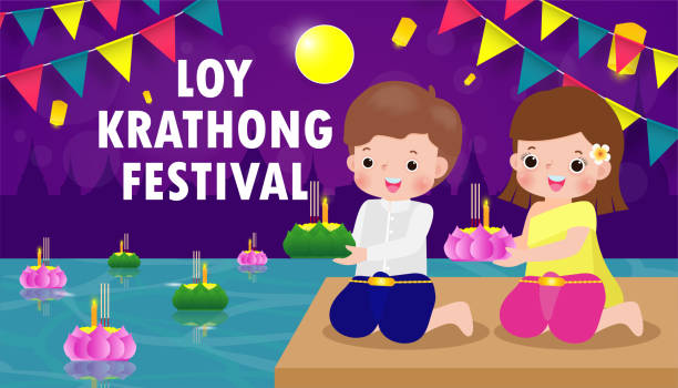 Loy Krathong Festival banner concept with cute Thai people in National costume holding krathong in full moon night and lanterns Celebration and Culture of Thailand poster template background Vector Loy Krathong Festival banner concept with cute Thai people in National costume holding krathong in full moon night and lanterns Celebration and Culture of Thailand poster template background Vector loi krathong stock illustrations