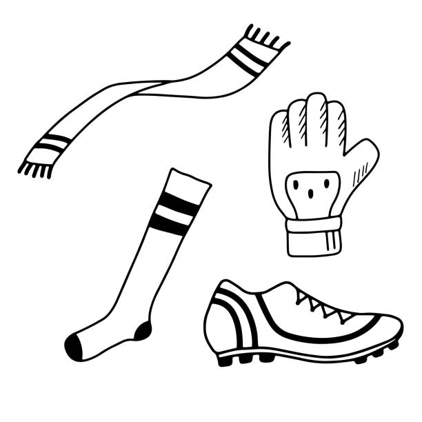 illustrazioni stock, clip art, cartoni animati e icone di tendenza di calzino sportivo disegnato a mano, scarpe e sciarpa. doodle oggetti di calcio neri contorno isolati su sfondo bianco. illustrazione vettoriale. - soccer socks