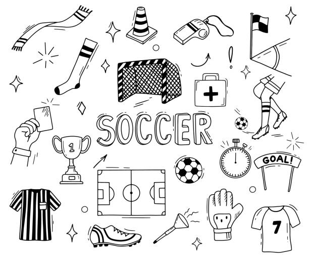 Vector hand drawn doodles cartoon set of football stuff. Soccer illustrations isolated on white Vector hand drawn doodles cartoon set of football stuff. Soccer illustrations isolated on white soccer drawings stock illustrations
