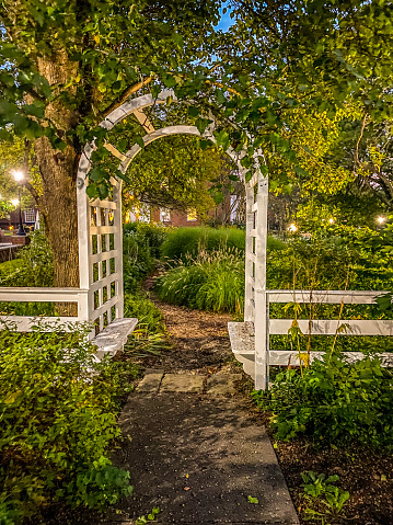 While walking through a park in Ohio a beautiful scene plays out. The archway and sitting area was very inviting on this evening in late Summer.