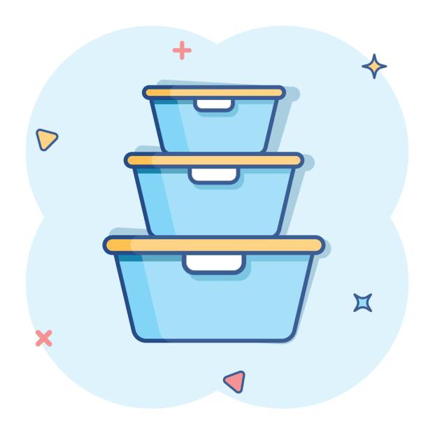 Food container icon in comic style. Kitchen bowl vector cartoon illustration pictogram. Plastic container box business concept splash effect. Food container icon in comic style. Kitchen bowl vector cartoon illustration pictogram. Plastic container box business concept splash effect. stacking food containers stock illustrations
