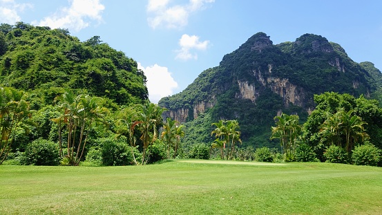 View from a tee box on a golf course in Hoa Binh, Vietnam.