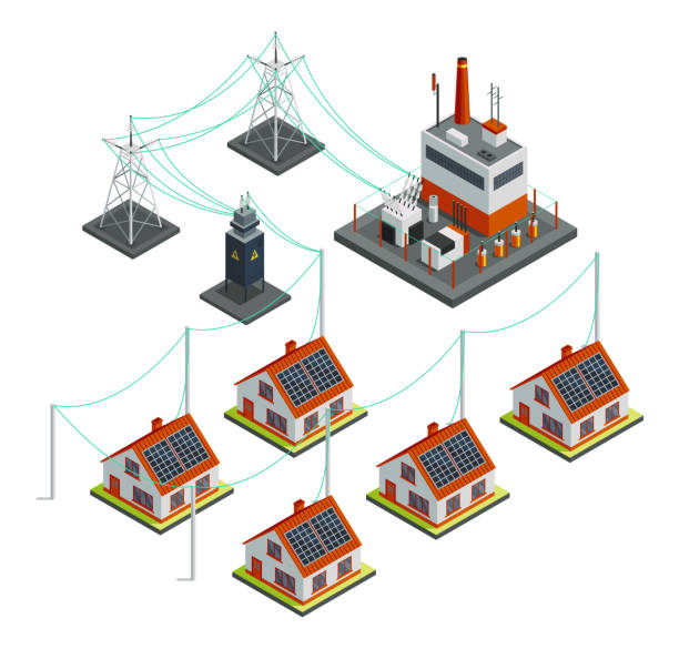 ilustrações de stock, clip art, desenhos animados e ícones de energy power grid isometric. power distribution with family house, wind and high voltage electricity grid pylons, electric transformer. electric transmission network providing energy supply - tower isometric communications tower antenna