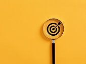Magnifier focuses on the target icon. Focusing, finding or analyzing business goals and targets