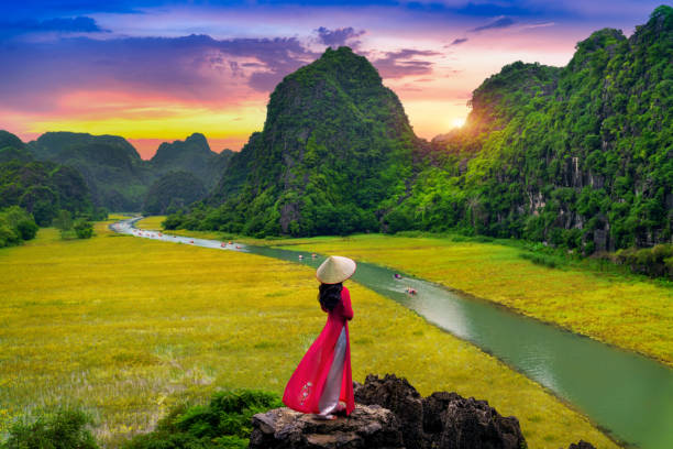 Asian woman wearing Vietnam culture traditional at Tam coc, Vietnam. stock photo