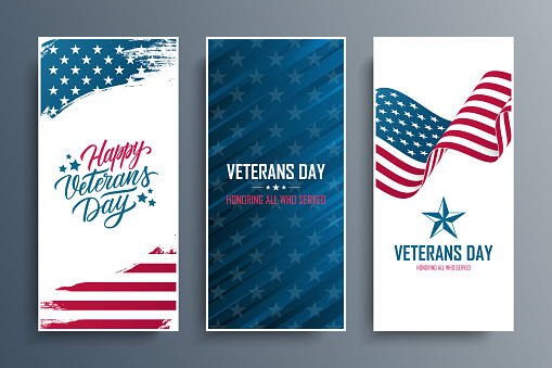 USA Veterans Day celebration flyers set with national flag of the United States. US Veterans Day national holiday. Vector illustration.