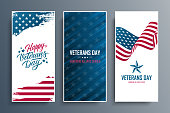USA Veterans Day celebration flyers set with national flag of the United States. US Veterans Day national holiday.