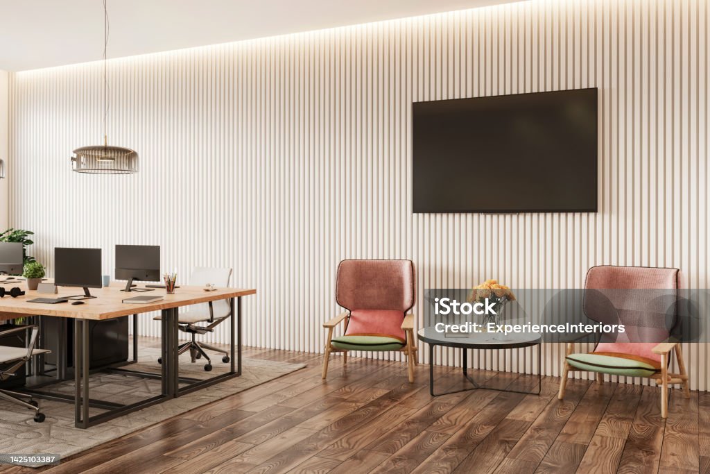 Modern office space interior Modern office space interior. Armchairs, coffee table, desk, chairs, computers, TV set, parquet, carpet, white ceiling, deoration. Template for copy space. Render. Office Stock Photo