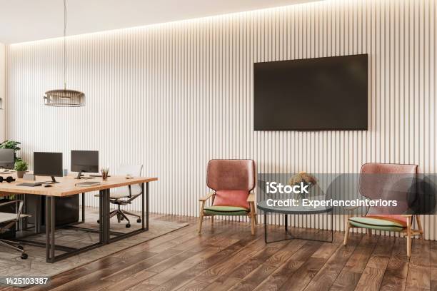 Modern Office Space Interior Stock Photo - Download Image Now - Office, Television Set, Device Screen