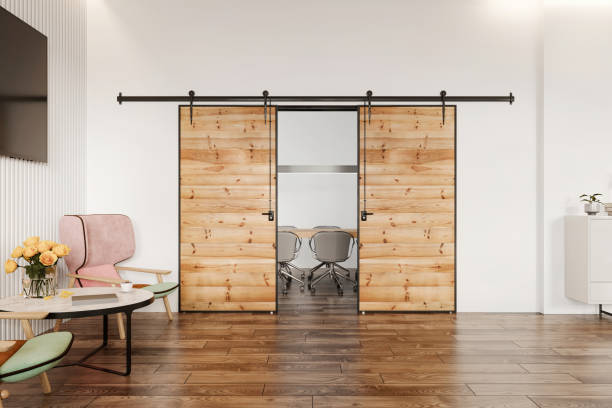 현대적인 사무실 공간 인테리어 슬라이딩 도어 - office parquet floor apartment three dimensional 뉴스 사진 이미지