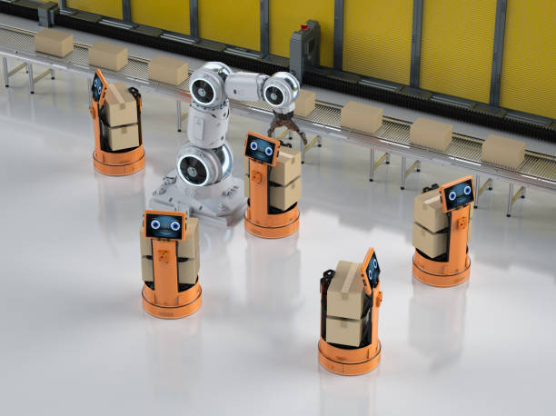 istock Automation factory concept with robot arm work with warehouse robot 1425104491