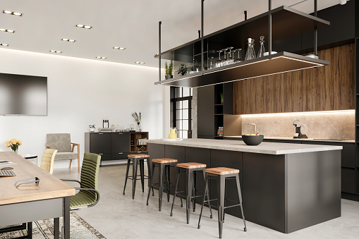 Modern open plan office interior with kitchen. Bar stools, kitchen counter, kitchen cabinet, chairs and desk. Template for copy space. Render.