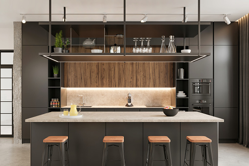 Modern office space kitchen interior. itchen counter, kitchen cabinet, shelf, bar stools, LED light, white ceiling and decoration. Template for copy space. Render.