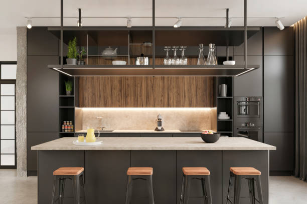 Modern office space kitchen interior Modern office space kitchen interior. itchen counter, kitchen cabinet, shelf, bar stools, LED light, white ceiling and decoration. Template for copy space. Render. kitchen island stock pictures, royalty-free photos & images