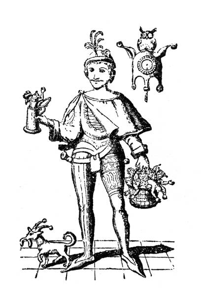 aus buch "till eulenspiegels lustige streiche" ,till eulenspiegel ist der protagonist eines deutschen buches, das 1515 veröffentlicht wurde. - protagonist stock-grafiken, -clipart, -cartoons und -symbole