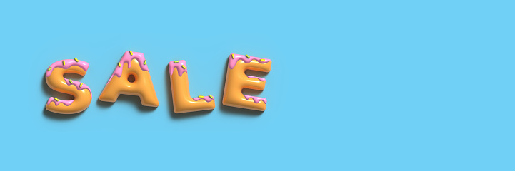 3d Sale inscription looks like donuts with pink glaze. Banner with sweet bakery letters on blue background