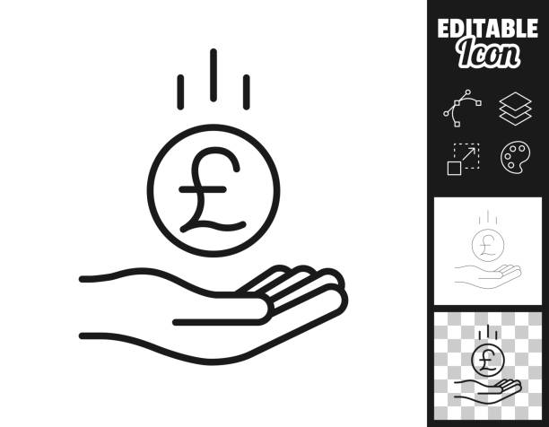 Pound coin falling in hand. Icon for design. Easily editable Icon of "Pound coin falling in hand" for your own design. Three icons with editable stroke included in the bundle: - One black icon on a white background. - One line icon with only a thin black outline in a line art style (you can adjust the stroke weight as you want). - One icon on a blank transparent background (for change background or texture). The layers are named to facilitate your customization. Vector Illustration (EPS file, well layered and grouped). Easy to edit, manipulate, resize or colorize. Vector and Jpeg file of different sizes. british falling pounds stock illustrations