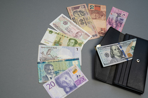 Romanian Currency Leu with black leather wallet